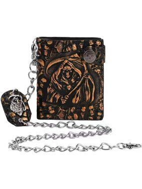 Unisex Reaper's Clutch Gold Skull Gothic Chain Leather Bifold Punk Wallet